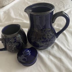 Vintage Blue Ceramic Pitcher and Sugar Bowl Set 