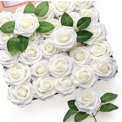 Mocoosy 50Pcs White Rose Artificial Flowers, Ivory Roses for Decorations, Real Touch Fake Rose with Stems Bulk DIY Wedding Bouquet Bridal Shower Mothe