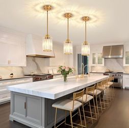 Island Pendant Lights Kitchen Island 3 Pack Hanging Light Fixture Hardwired, Fits Flat/Slop Ceiling, Adjustable Height, Mini Crystal Brushed Gold Pend