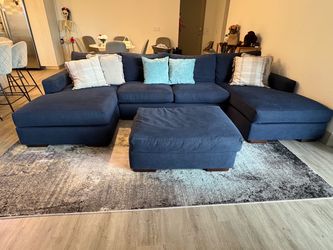 Blue Fabric Sectional Sofa with Ottoman