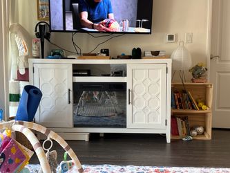 Modern 48 Inch Barn Door Wood TV Stand with 18 Inch Electric Fireplace & Media