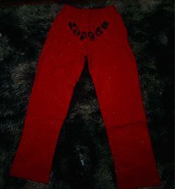 sp5der Men's Red rhinestone Logo Sweatpants Pants Size L
