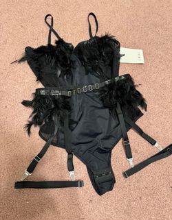 New large black feather bodysuit garter belt lingerie goth gothic fishnet