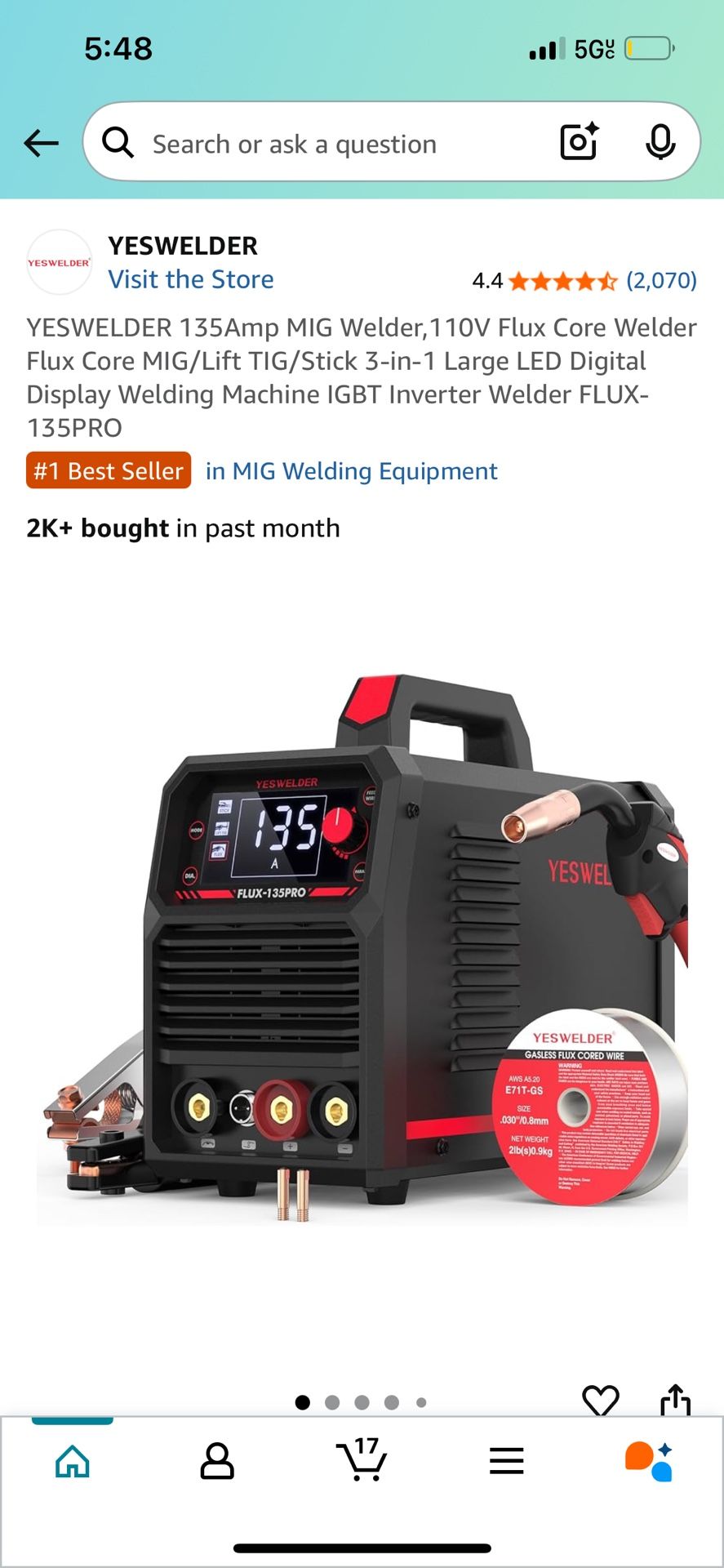 YESWELDER 135Amp MIG Welder,110V Flux Core Welder Flux Core MIG/Lift TIG/Stick 3-in-1 Large LED Digital Display Welding Machine IGBT Inverter Welder F