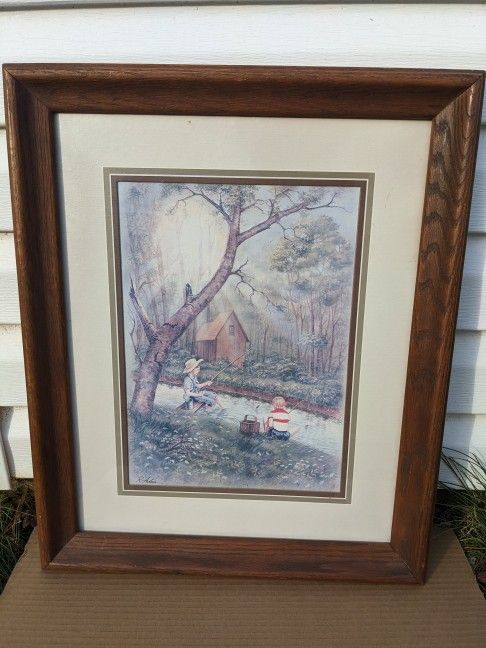 'Two Boys Fishing' By R. Adair Framed Art Print Vintage 80s