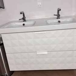 IKEA bathroom vanity double sink with drawers and faucet
