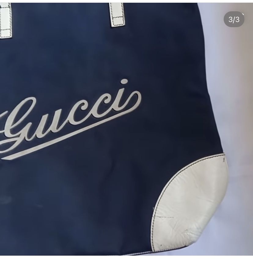 Pre Owned  Gucci Script Logo Nylon Tote White  Blue Cream Navy Blue