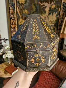 Antique Large Wood Black and Gold Painted Decorative Box