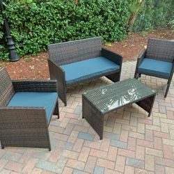 New Brown Wicker Patio Set with Navy Blue Cushions - 4 pc Outdoor Wicker Furniture Set