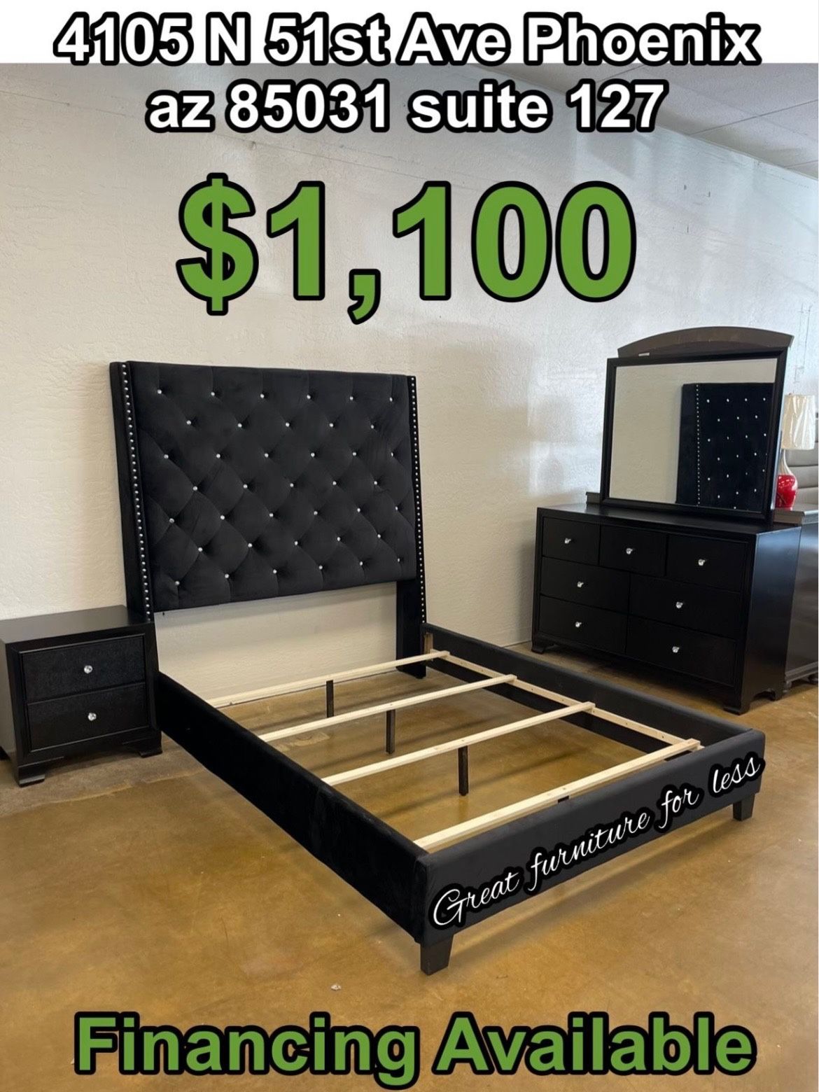 Queen Size Bedroom Set Black Include Velvet Bed Frame Dresser Mirror And Nightstand Brand New