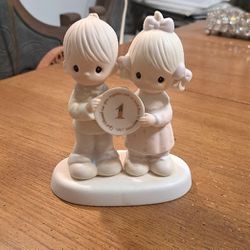 Precious Moments Collectible Figurine Hand Painted Bisque Porcelain, " God Blessed Our Year Together With So Much Love And Happiness " 1983
