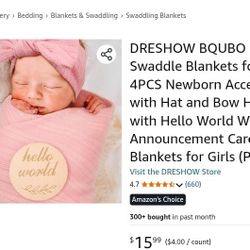 DRESHOW Pink Baby Swaddle Set w Hat, Bow Headband & Hello World Cards