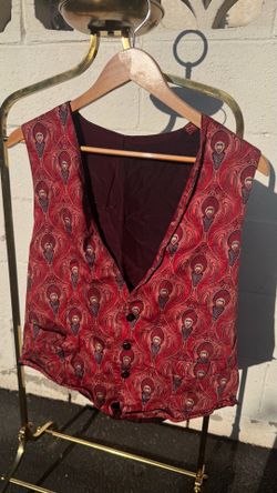Vintage Art Nouveau Peacock Feather Waistcoat Vest Red Crimson