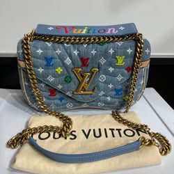 Louis Vuitton New Wave Chain Bag Monogram Embroidered Quilted Denim MM
