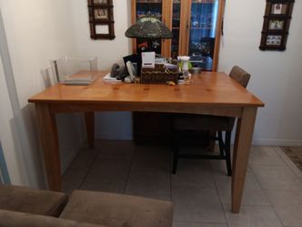 High top solid wood table with middle leaf and 3 high top chairs