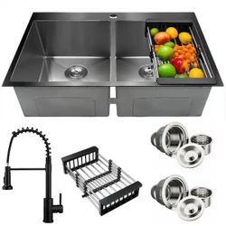 AKDY All-in-One Gunmetal Matte Black Finish Stainless Steel 33 in. Double Bowl Drop-In Kitchen Sink with Kitchen Faucet. New