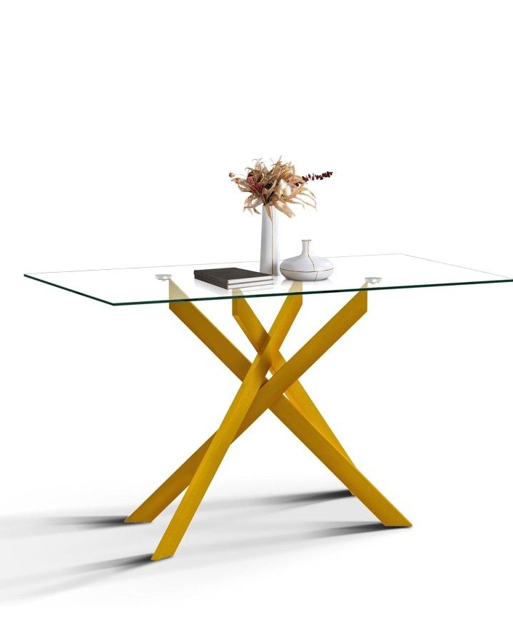 Glass Dining Table Rectangular 51.2 Inches for 4 People with Golden Steel Legs Kitchen Table