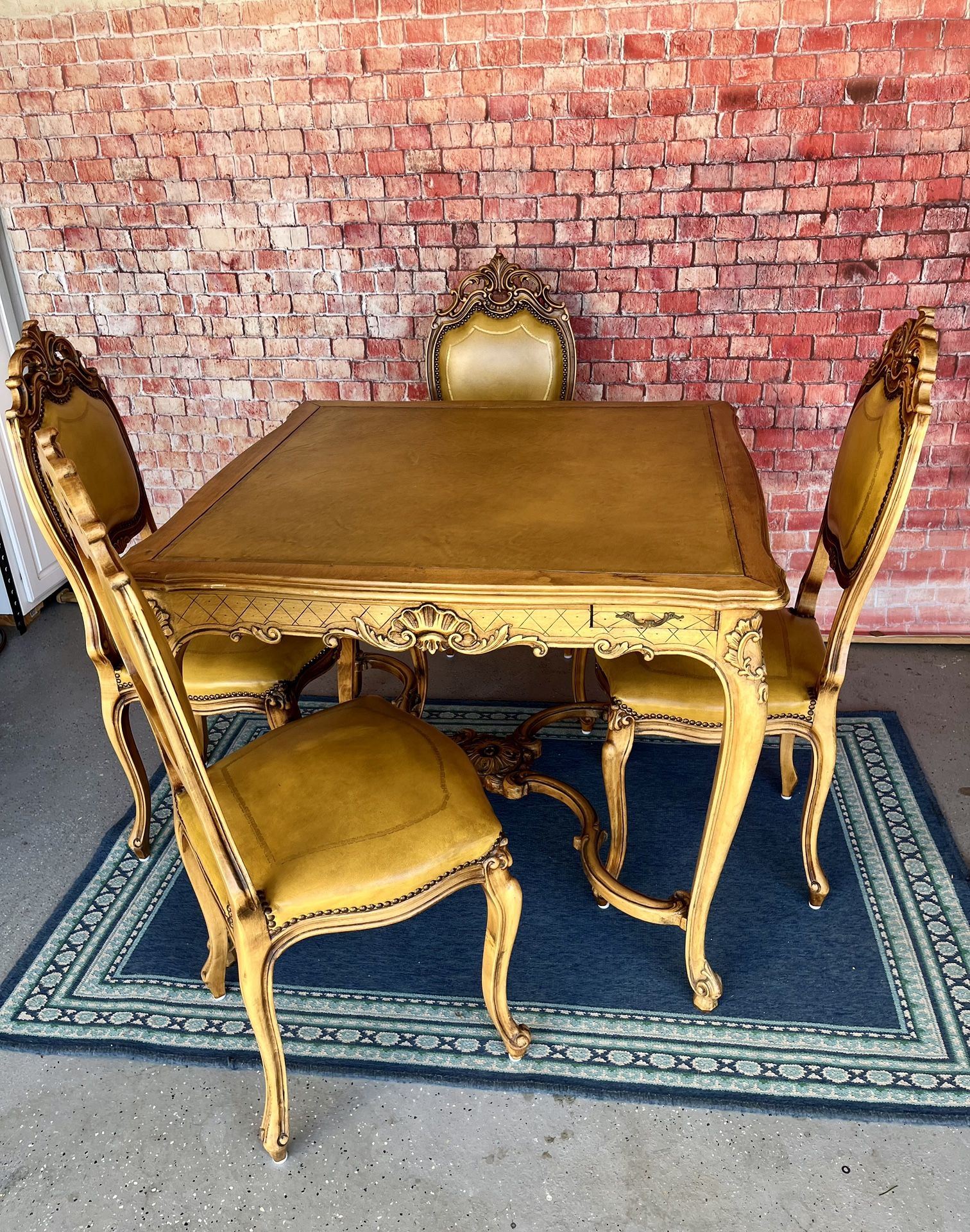 Antique Table And Chairs Set Solid Carved Wood Leather