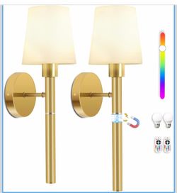 Battery Operated Wall Sconce, Wireless Wall Lamp Set of 2 RGB Dimmable Rechargeable Wall Lights with Bulbs and Remote, 12 Colors Gold Wall Sconces for