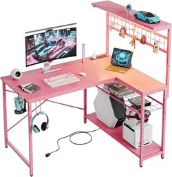Bestier 42 L Gaming Desk,Computer Desk with Power Outlets, LED Lights, Reversible Corner Desk with 4-Tier Shelves,Cup Holder & Hook Carbon Fiber Pink