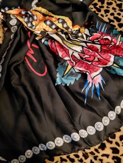 Black Satin Scarf with Floral Tattoo Print