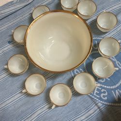 Gold Trimmed Punch Bowl And Cups