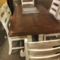 Valebeck Dining Set 7pc, Table and 6 Chairs, Wood, Brown, White,  Vintage, 