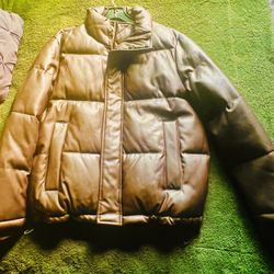 CALVIN KLEIN MENS BROWN LEATHER PUFFER JACKET SIZE: MEDIUM