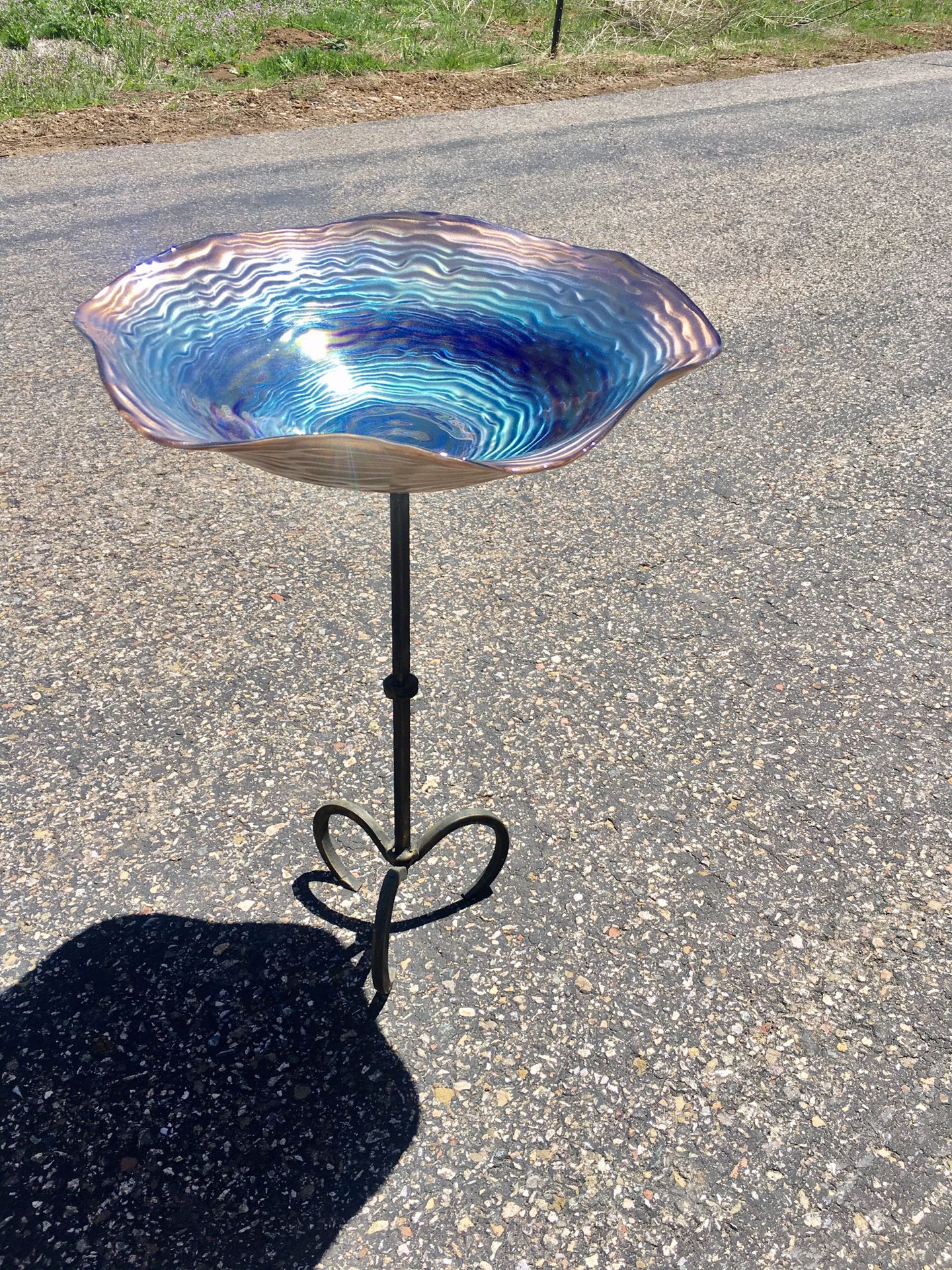 Bird Bath for your garden! Beautiful Swirls of glass in iridescent bold shiny colors choose a stand!