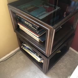 Mid Century Pair Of Square End Tables Vintage Wood & Glass