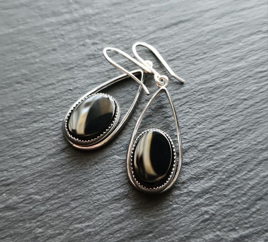 Vintage Beau Sterling Silver Black Onyx Dangle Drop Earrings Signed Designer