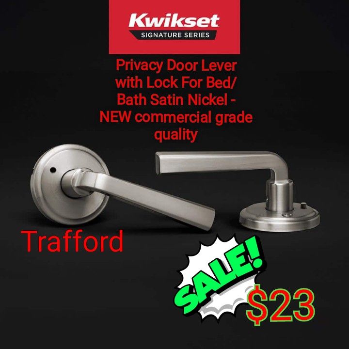 Kwikset Trafford Privacy Door Lever with Lock For Bed/Bath Satin Nickel - NEW