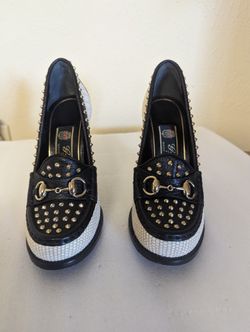 Gucci Alyssa Calfskin Canvas Horsebit Stud Heals