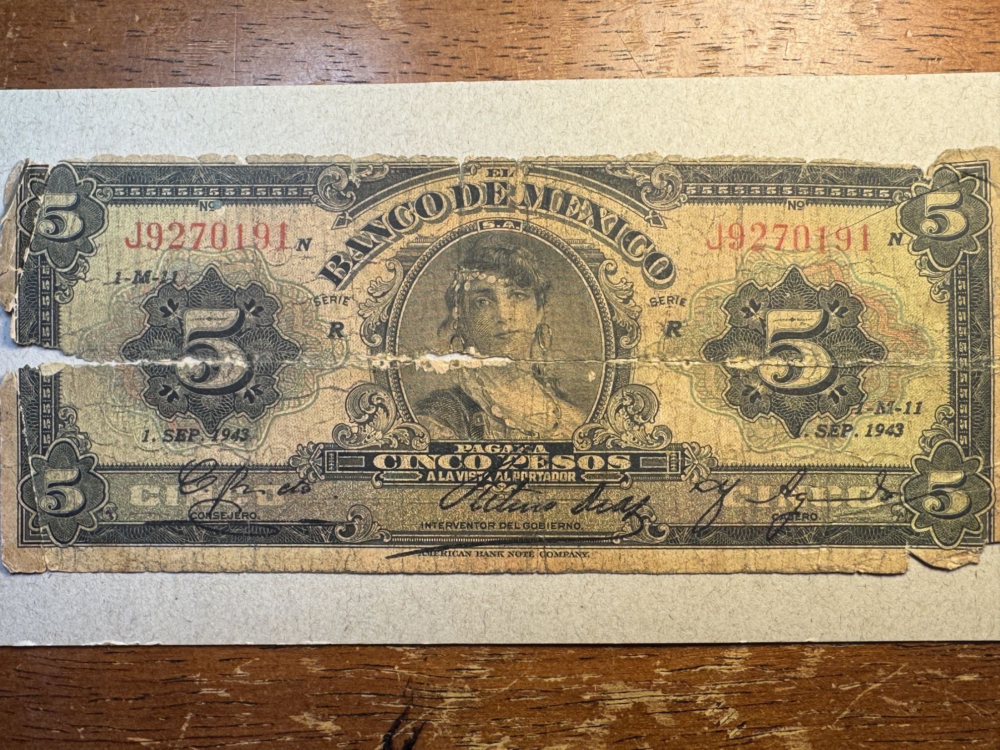 México Pesos 1943 Well Calculated Banknote Foreign World Money 