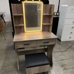 Makeup Vanity Desk with Mirror & Lights, Small Vanity Table Set