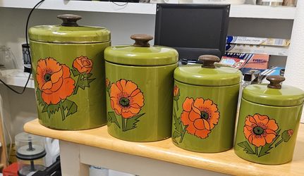 Antique Set Of (4) Ransburg Canisters Avocado Green With Orange Flowers(made in the 70's)