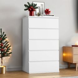 5 Drawer White Dresser, Tall Dresser for Bedroom, Modern Storage Cabinet Wood Chest of Drawers for Living Room