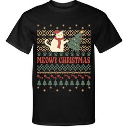 Meowy Christmas Cat Lover 3 Retro Ugly Sweater Xmas Style Graphic Tee Shirt