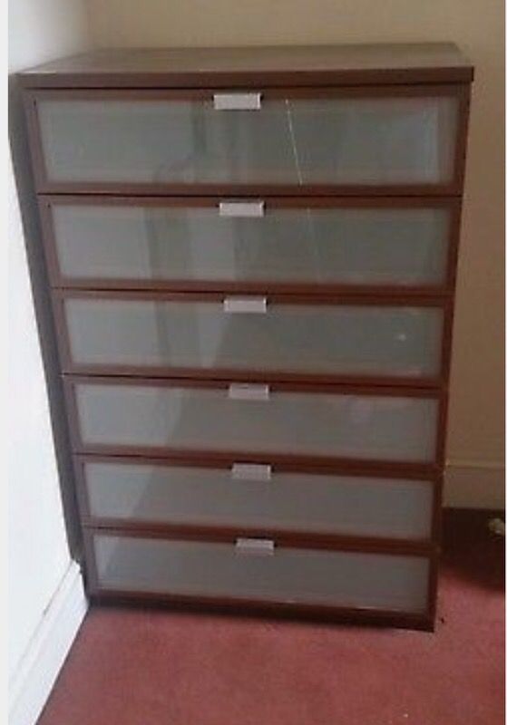Ikea Brown Hopen 6 Drawer Chest Of Drawers With Frosted Glass For