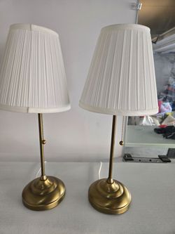 Pair of Brass Table Lamps with White Pleated Shades