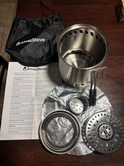 9.7 x 7.1 Inch Tabletop Fire Pit by AmazStove, Low Smoke Camping Stove for Outdoor Safe Burning Firepits, Fueled Pellets or Wood, Travel Bag Included 