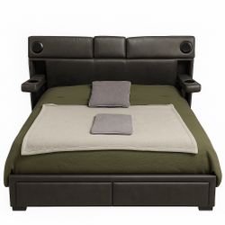 FOR SALE — KING Storage Bed Frame & Mattress  w/ Speakers, USB Ports & Cupholders (Ashley)