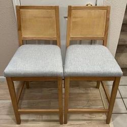 New Set of 2 Counter Backed Bar Stool Wood Gray Cushion