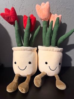 Tulip Flower Potted Plants Plush Toys Red and Pink 12”