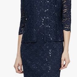 3pc Lillie Rubin Size 12 Navy Blue Sequin Evening Dress. Sleeveless top, Floor Length Skirt & Long Sleeve Jacket