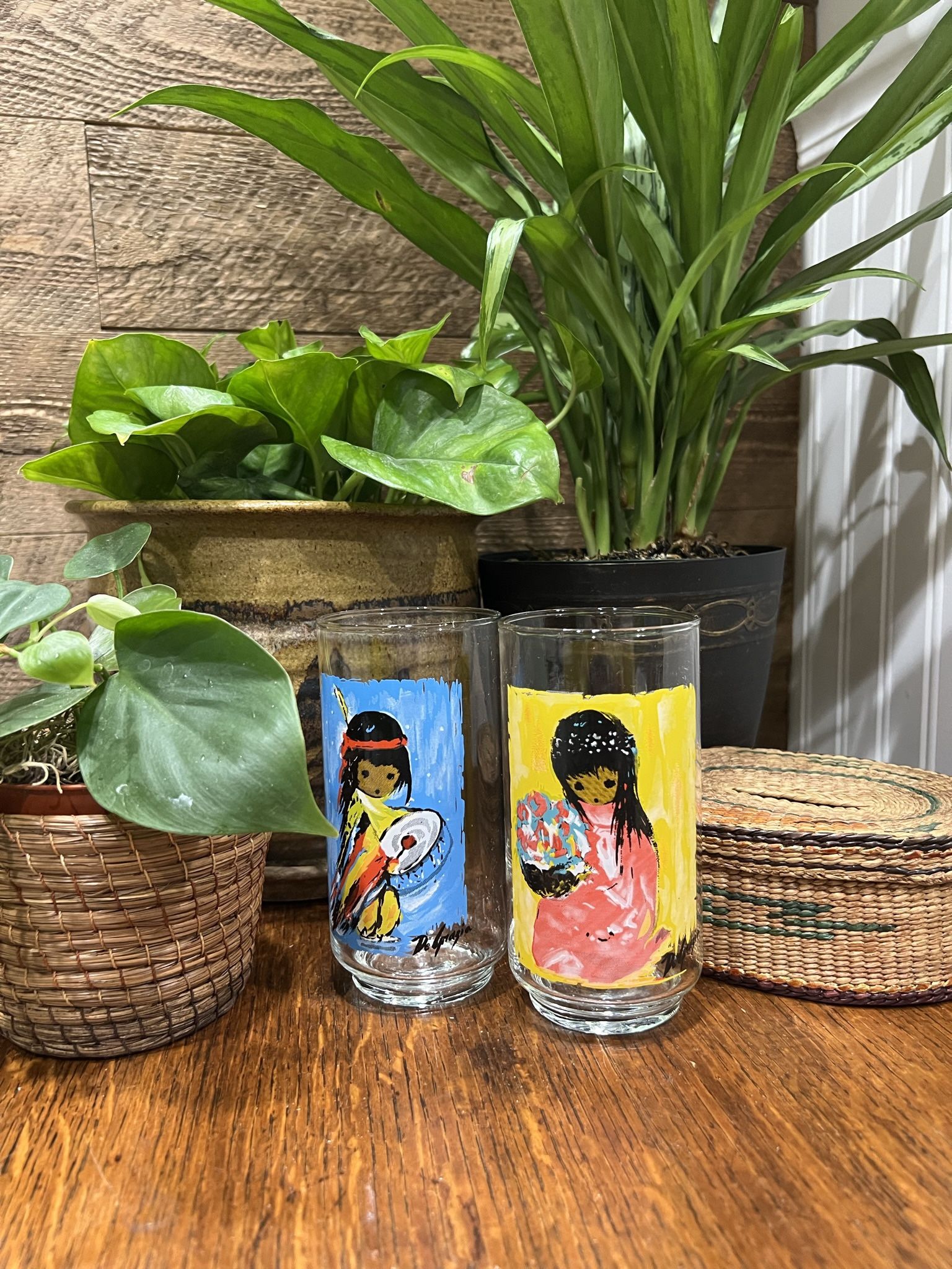 Ted De Grazia Vintage Glassware Native Girl Boy Children Flowers Set Of 2 Bright Colors Art Boho