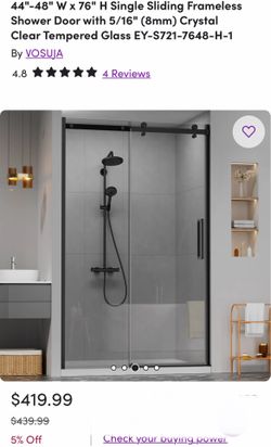 44"-48" W x 76" H Single Sliding Frameless Shower Door with 5/16" (8mm) Crystal Clear Tempered Glass EY-S721-7648-H-