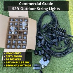 New Commercial Grade Heavy Duty Outdoor String Lights 52ft / 24 Sockets Incandescent S14 / 11w