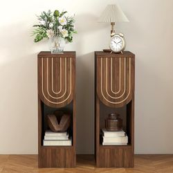 Nightstands Set of 2, Mid-Century Modern Bedside Table with Carved Drawer and Storage Shelf, Farmhouse Slim Side End Table for Bedroom, Small Space (2