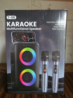 Peski T-08 karaoke machine portable speaker with multicolour lights and two wireless microphones
